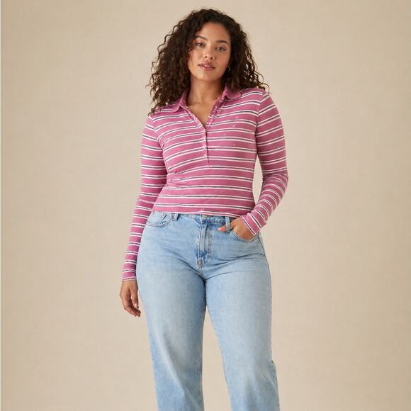 American Eagle Outfitters Tops - American Eagle Pink Stripe Long Sleeve Polo Shirt Stretch Y2K L Vintage